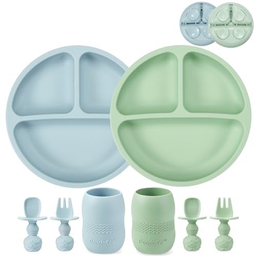 PandaEar Silicone Baby Feeding Set 2 Pack Silicone Divided Suction Plate and 2 Pack Tiny Cup with 2 Spoons 2 Forks Baby Led Weaning Supplies Self Feeding Eating Utensils BlueGreen - Image 1