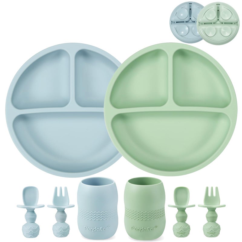 PandaEar Silicone Baby Feeding Set 2 Pack Silicone Divided Suction Plate and 2 Pack Tiny Cup with 2 Spoons 2 Forks Baby Led Weaning Supplies Self Feeding Eating Utensils BlueGreen - Image 2