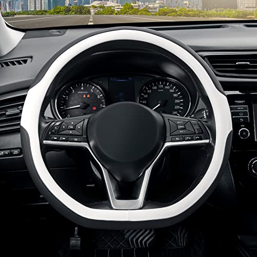 SEG Direct Flat Bottom Steering Wheel Cover D Shaped Car Wheel Cover 14 1215 in 3739 cm Black White Microfiber Leather