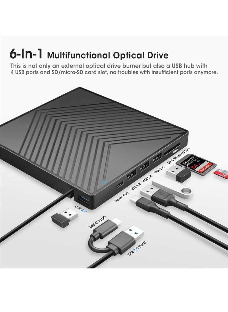 Y&D - External CD DVD Drive, Ultra Slim Burner USB 3.0 with 4 Ports and 2 TF/SD Card Slots, Optical Disk Drive for Laptop Mac, PC Windows 11/10/8/7 Linux OS - Image 1