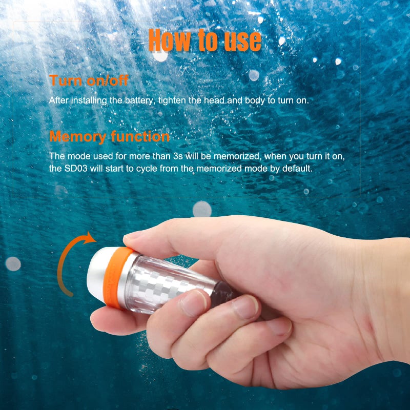 ORCATORCH SD03 Dive Signal Light 4-Color-in-1 (Blue, Red, White, Green) 8 Modes Scuba Diving Beacon with Constant and Flashing Modes, Mini Tank Marker Light for 150M Underwater Diving - Image 4