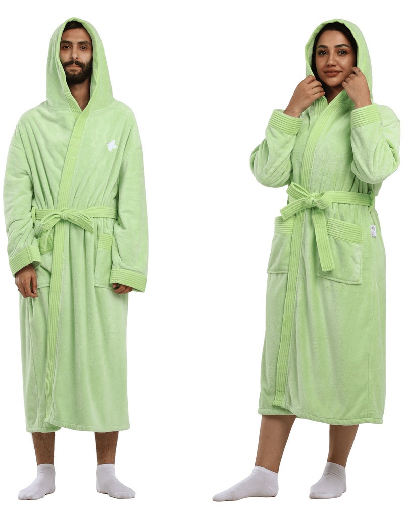 Relef Hooded Bathrobe for Men & Women, Ultra Soft Coral Fleece Robe, Quick Dry Absorbent Spa Bathrobe, Hotel Luxury Home Robe with Hood - Pistachio Green - Image 3
