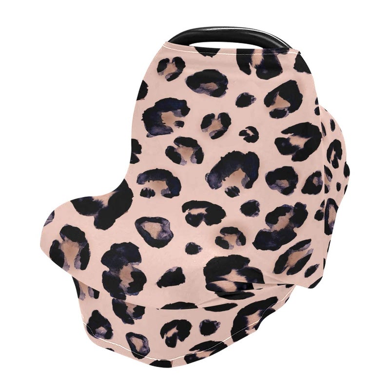 senya Pink Black Leopard Baby Car Seat Covers, Nursing Cover Breastfeeding Scarf Soft Breathable Stretchy Coverage, Infant Stroller Cover for Boys Girls - Image 1