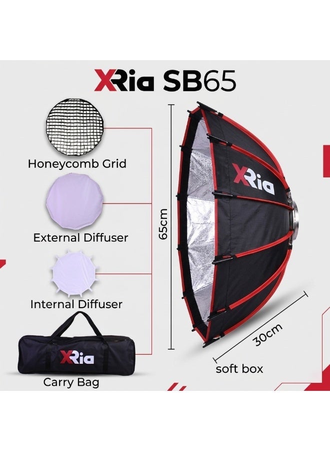 إكسريا Xria SB65 Softbox 65cm Bowens Mount with Grid | Quick Fold Photography Studio Light Softbox for Portrait Video Product Shoot - Image 2