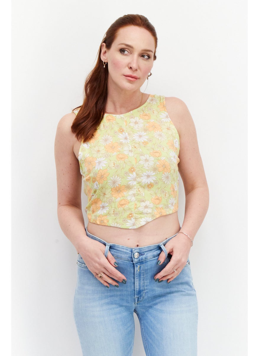 rvca Women Scoop Neck Floral Print Tank Top, Lime Green Combo  - Image 1