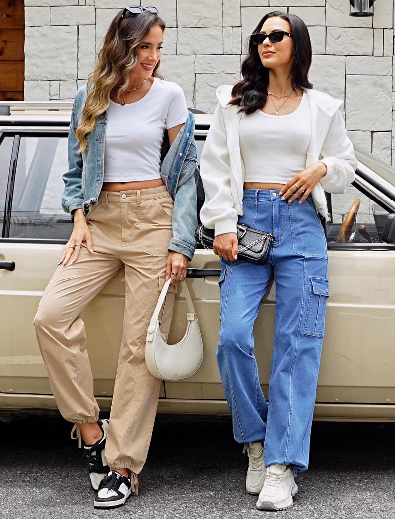 Eddoyee Cargo Pants for Women Drawstring Ankle Cuffs Stretch High Waisted 6 Pockets Straight Wide Leg Jean Casual Baggy Pants(Khaki, Medium) - Image 3