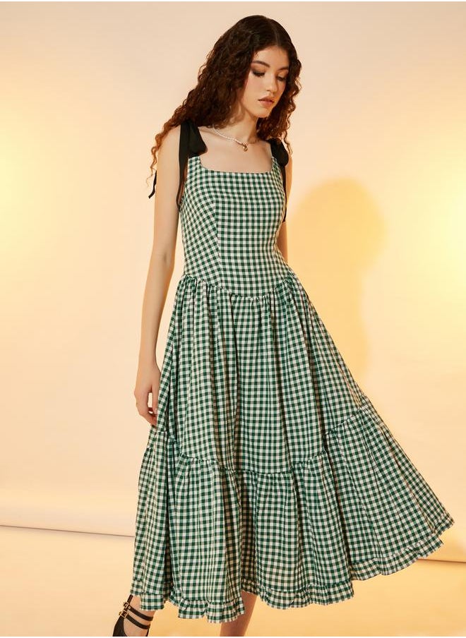 Take Two Gingham Checked Square Neck Tiered Midi Dress  - Image 2