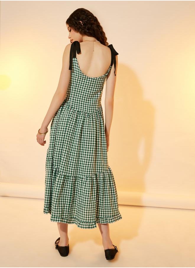 Take Two Gingham Checked Square Neck Tiered Midi Dress  - Image 4