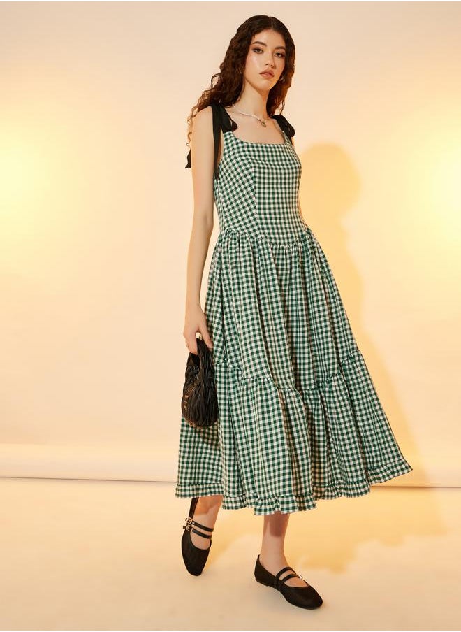 Take Two Gingham Checked Square Neck Tiered Midi Dress  - Image 1