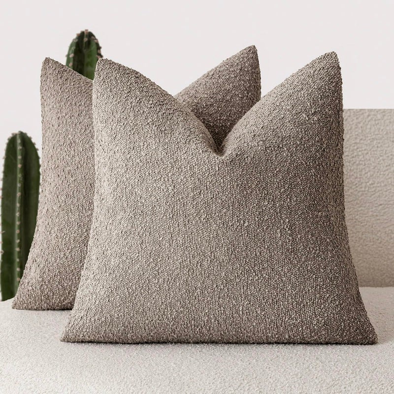 Foindtower Pack of 2 Textured Boucle Throw Pillow Covers Accent Solid Pillow Cases Cozy Soft Decorative Couch Cushion Case for Chair Sofa Bedroom Living Room Home Decor 18x18 Inch Light Taupe - Image 1