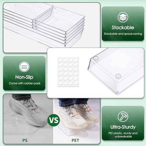 Criusia Drawer Organizer Set, Acrylic Non Slip Non Cracking Kitchen Drawer Storage Tray Large Size Divider, Multifunctional Storage for Cosmetics, Bathroom, Tools, Kitchen and Office (8 PACK) - Image 2
