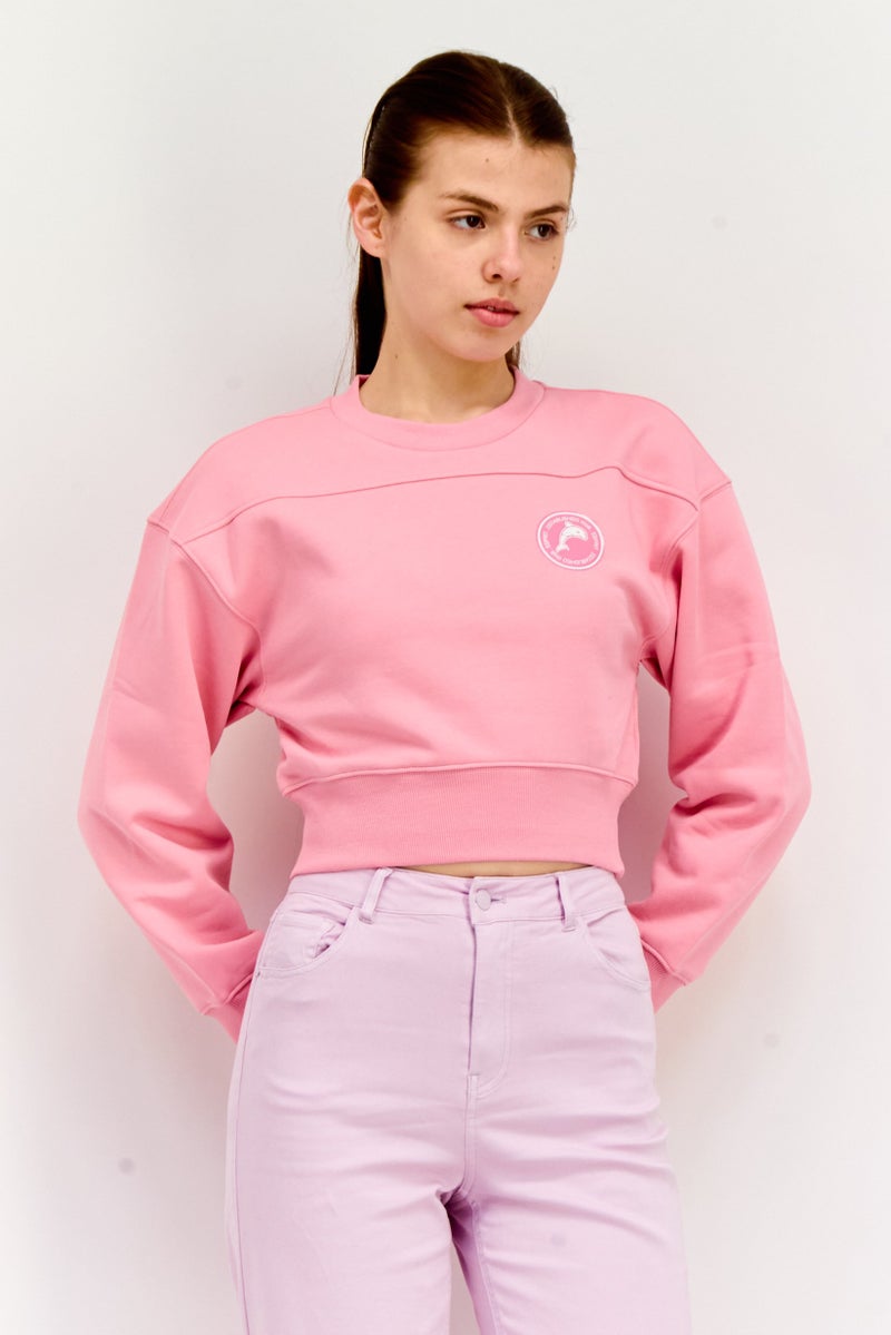 ESPRIT Women Crew Neck Graphic Print Long Sleeves Crop Sweatshirt, Pink - Image 1