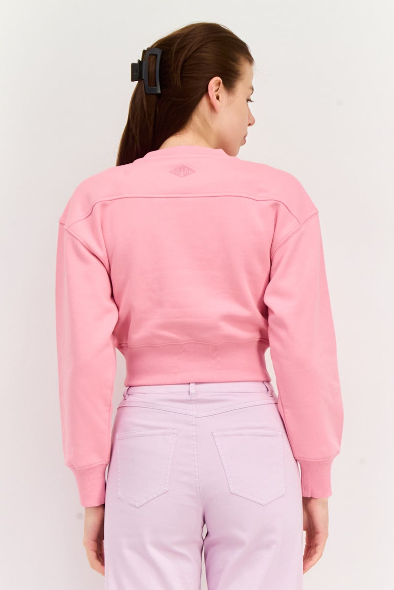 ESPRIT Women Crew Neck Graphic Print Long Sleeves Crop Sweatshirt, Pink - Image 4