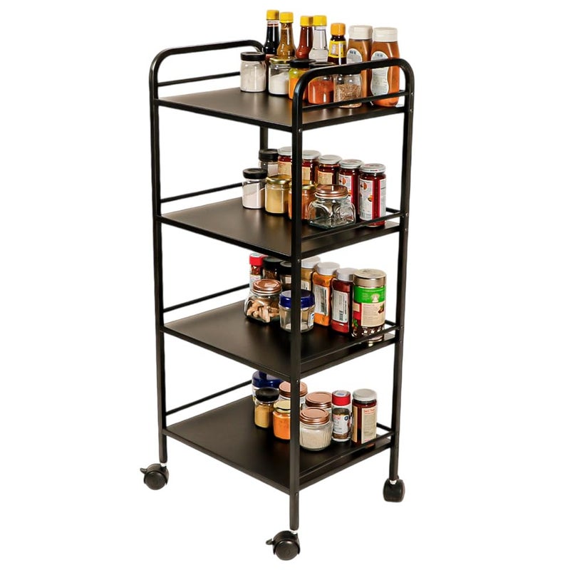 DECOWORLD 4 Tier Premium Metal Rolling Trolley Cart Stand with Wheels Multifunctional Stand with Storage Rack Shelves Space Saving Stand for Kitchen Bathroom Home and Office Black
