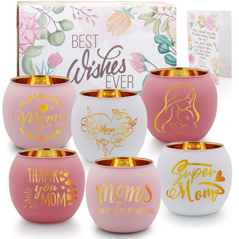 SHMILMH Mothers Day Table Decorations Gift with Card for Mom Wife Daughter Grandma Pink Glass Tealight Votive Candle Holder for Mothers Day Party Decor 6PCS