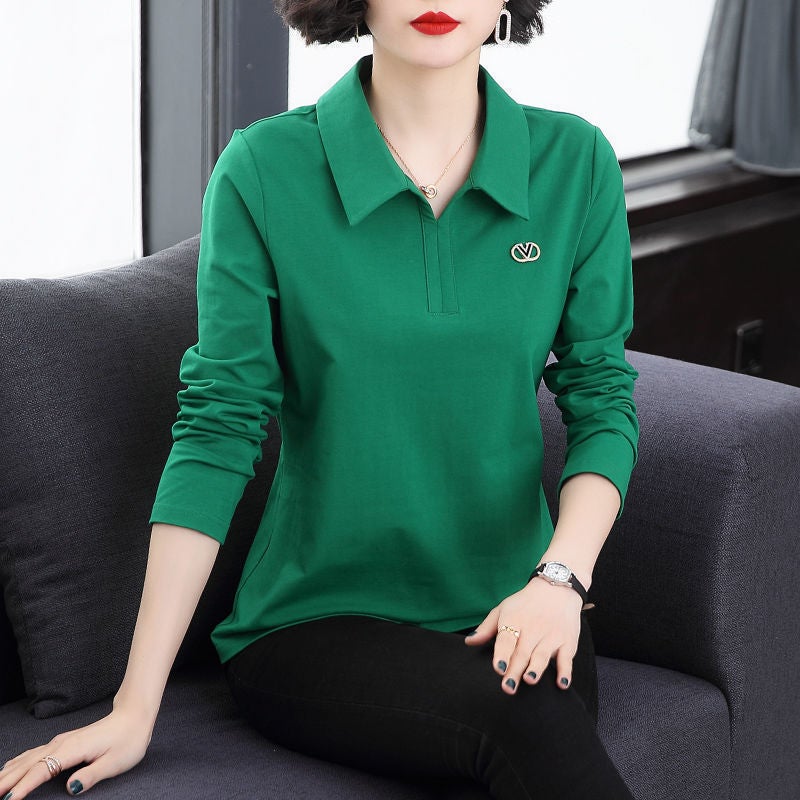 Solid color T-shirt womens lapel long-sleeved T-shirt womens loose spring and autumn top womens spring and summer outer wear polo collar bottoming shirt A15-Green - Image 1