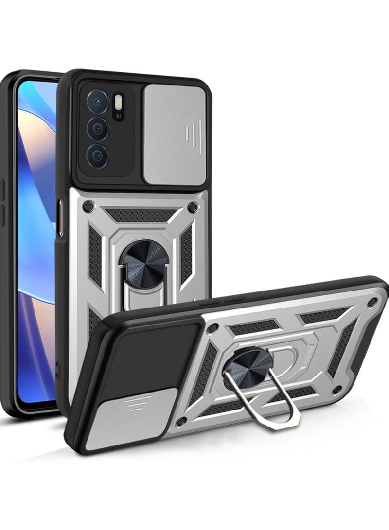 Case Cover Shockproof Windows Protective Case with Camera Protection and Metal Ring Compatible with Oppo Reno 6 4G (Silver)