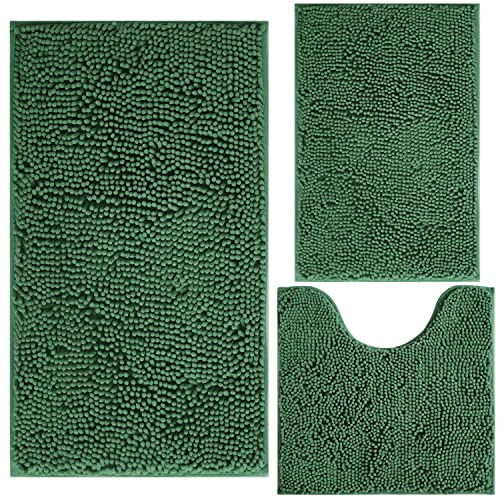 BOANKODU Green Bathroom Rug Chenille 3-Piece Extra Soft and Absorbent Shag Bath Mat Set, Machine Wash Bathroom Rug Set, Strong PVC Non-Slip Underside, Plush Carpet Bath Mat (Dark Green) - Image 1