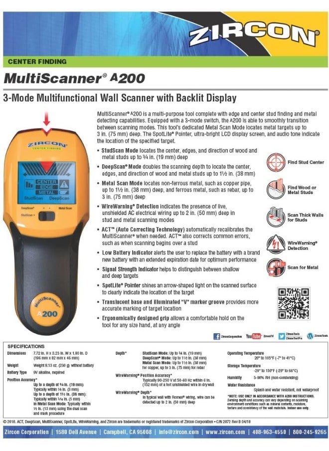 Zircon - Zircon Multiscanner A200 Electronic Wall Scanner/Metal Detector/Live AC Wire Detection With SpotLite Pointer - Image 1