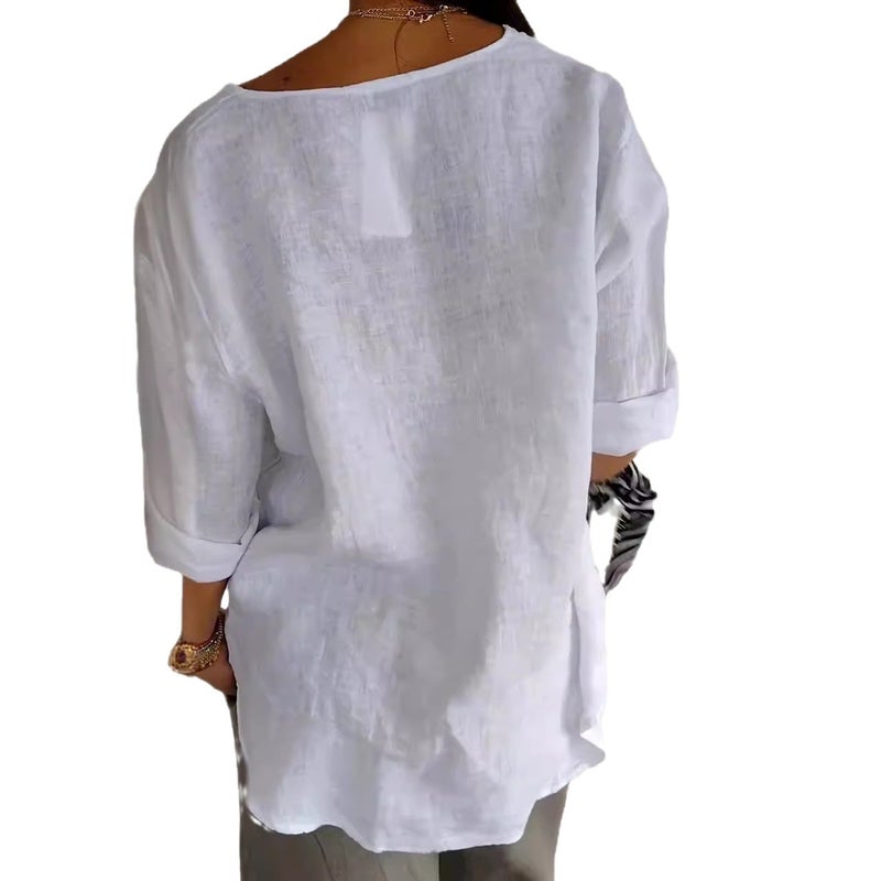 Women's Loose V-Neck Blouse with Ramie Blend - Image 3