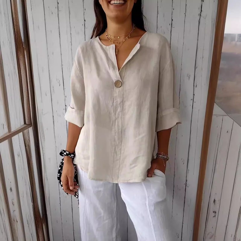 Women's Loose V-Neck Blouse with Ramie Blend - Image 1