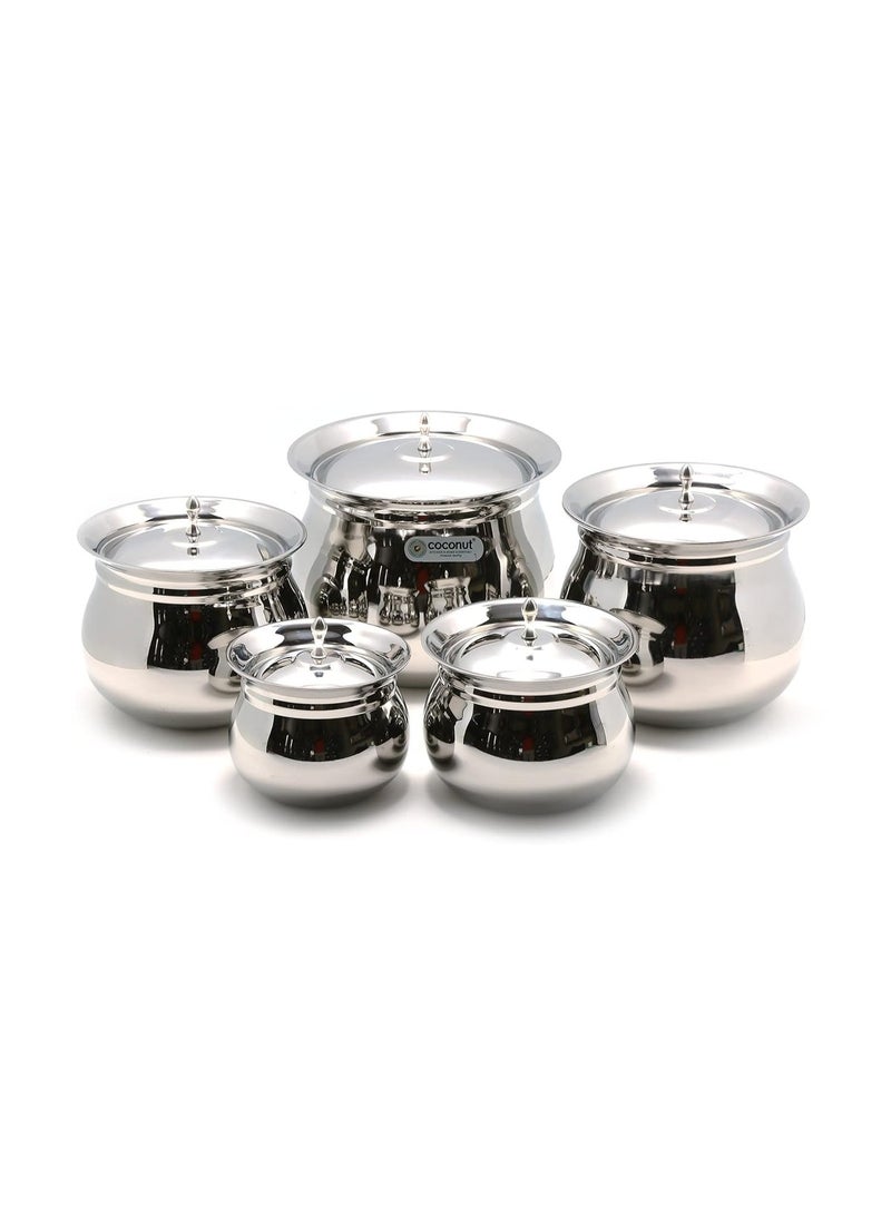 Coconut Royal Stainless Steel Cookware Handi with Lids - 5 Units (Capacity - 500, 850, 1400, 2000 & 2500 ML) - Image 1