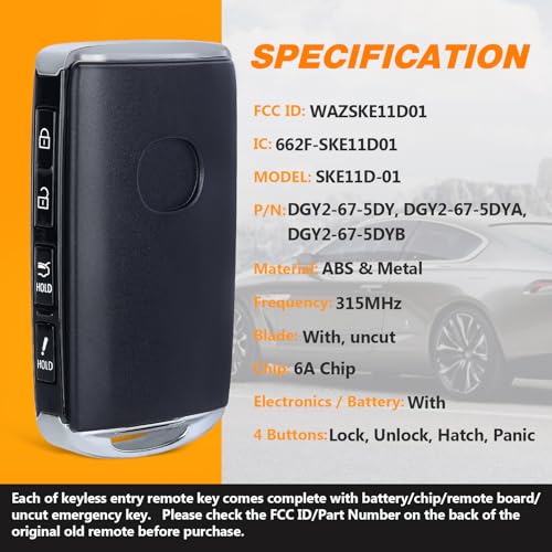 Yewong Car Key Fob Smart Proximity Keyless Entry Remote Control for Mazda CX-30 CX-50 2020-2023 CX-90 2024 WAZSKE11D01 DGY2-67-5DYB Chip 315MHz 4 Buttons - Image 3