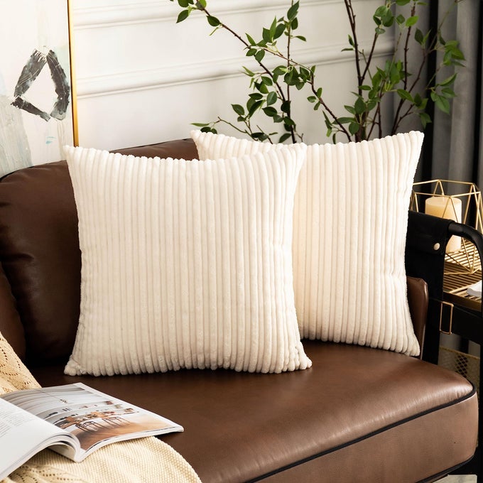 UGASA 18X18INCH STRIPE DECORATIVE THROW PILLOW COVERS PACK OF 2 SOFT VELVET SOLID SQUARE CUSHION CASE FOR SOFA BEDROOM COUCH CREAM