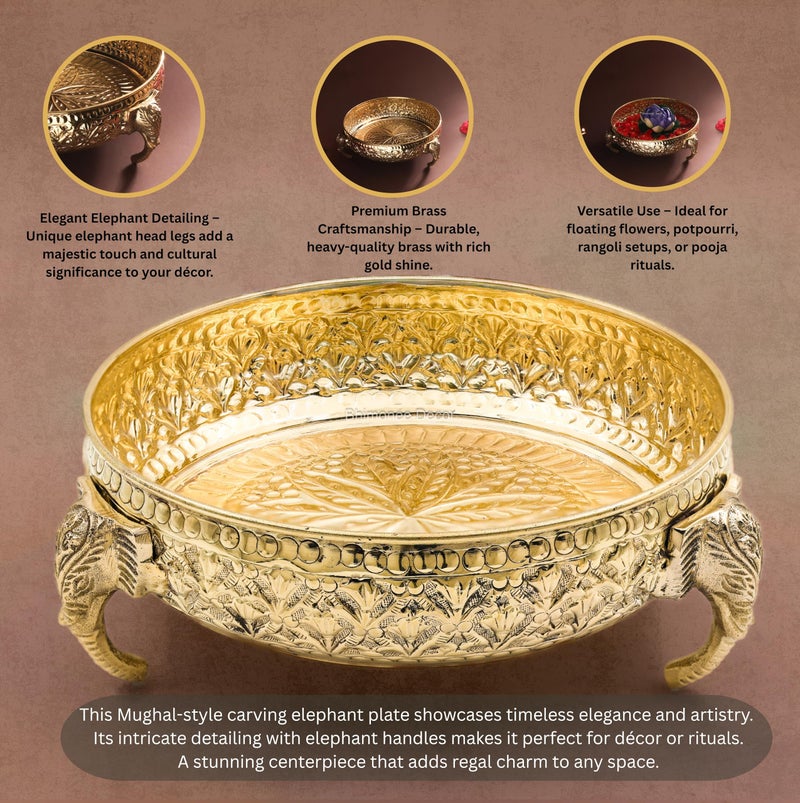Bhimonee Decor Carving Elephant Plate 8" | 620 gm Decorative Brass Plate & Bowl | Home Decor, Pooja & Gifting | Brass | Gold - Image 3