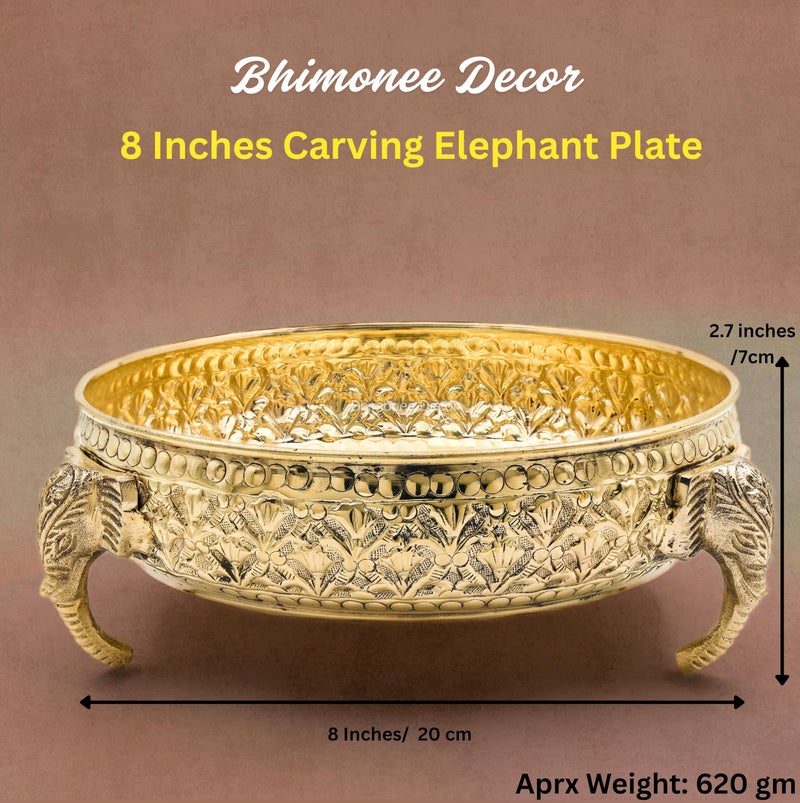Bhimonee Decor Carving Elephant Plate 8" | 620 gm Decorative Brass Plate & Bowl | Home Decor, Pooja & Gifting | Brass | Gold - Image 2