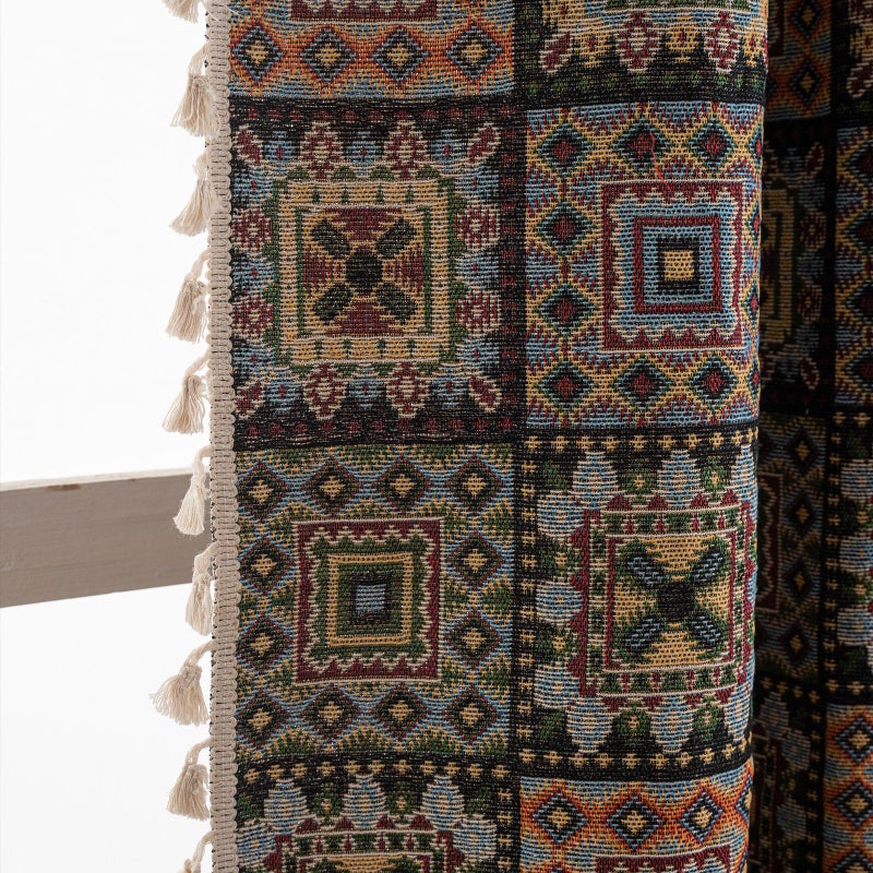 ENJOYBRIDAL Patchwork 84 Inch Curtains for Bedroom Living Room Drapes Jacquard Bohemian Semi Sheer Floor Length Window Curtains 2 Panel Sets Vintage Geometric Black Rod Pocket Boho Window Treatments - Image 4
