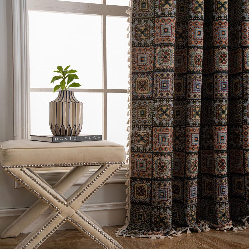 ENJOYBRIDAL Patchwork 84 Inch Curtains for Bedroom Living Room Drapes Jacquard Bohemian Semi Sheer Floor Length Window Curtains 2 Panel Sets Vintage Geometric Black Rod Pocket Boho Window Treatments - Image 5