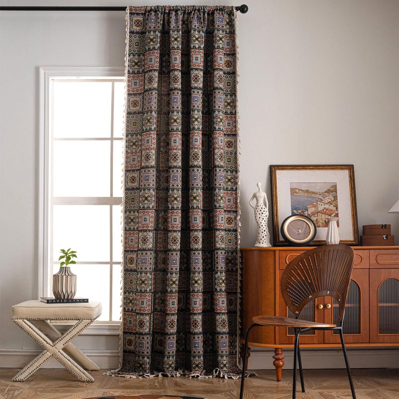 ENJOYBRIDAL Patchwork 84 Inch Curtains for Bedroom Living Room Drapes Jacquard Bohemian Semi Sheer Floor Length Window Curtains 2 Panel Sets Vintage Geometric Black Rod Pocket Boho Window Treatments - Image 2
