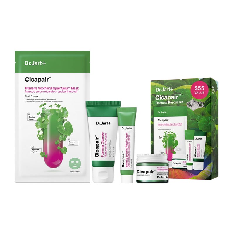 DrJart Cicapair Redness Rescue Korean Skin Care Set Travel Size Value Gift Set with Cicapair Color Correcting Cream Face Wash Cream Moisturizer and Face Mask