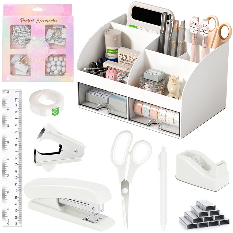 COMFYROOM Desk Accessories with Pen Holder, Office Supplies Desk Organizers and Accessories, Tape Dispenser, Stapler, Staple Remover, Staples, Clips Set, Ruler, Scissor, Pen, Tape (White) - Image 1
