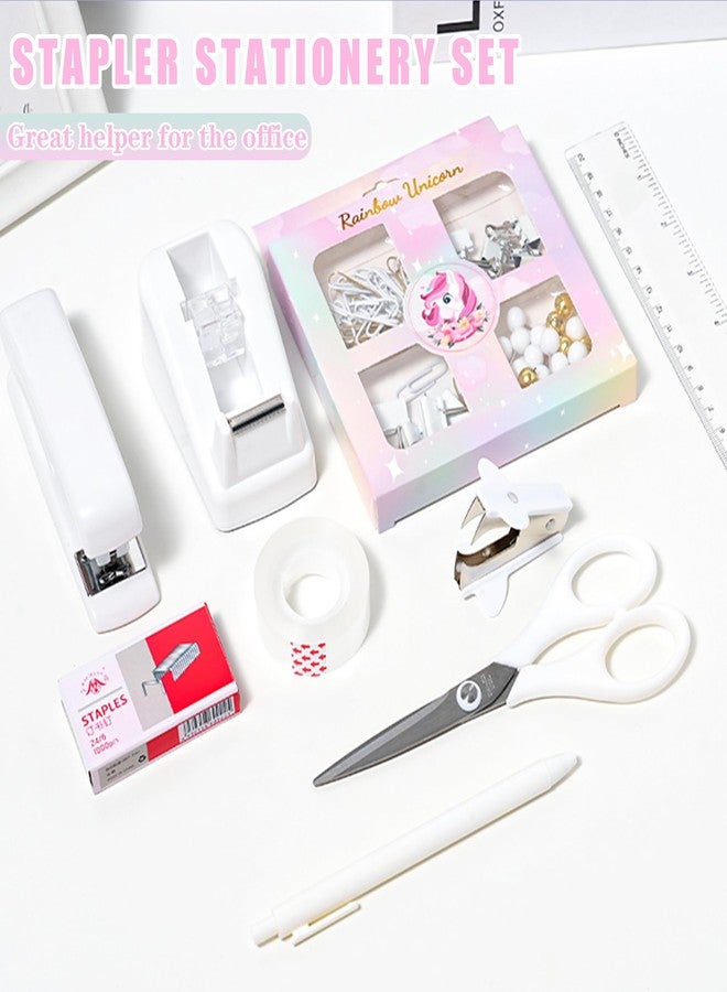COMFYROOM Desk Accessories with Pen Holder, Office Supplies Desk Organizers and Accessories, Tape Dispenser, Stapler, Staple Remover, Staples, Clips Set, Ruler, Scissor, Pen, Tape (White) - Image 2