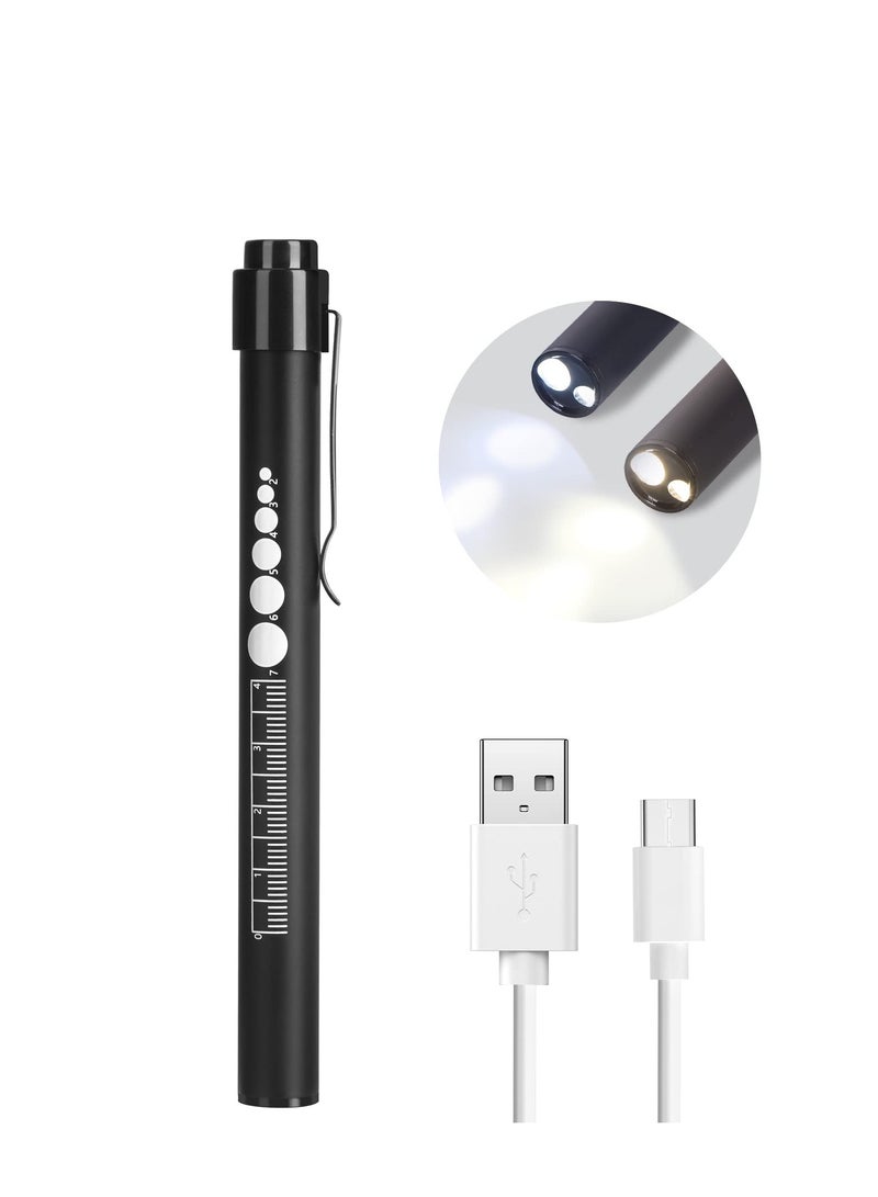 SYOSI Rechargeable Pen Light with Pupil Gauge LED Penlights for Nurses Doctors, Warm/White Light, USB Rechargeable Medical Penlight Gifts for Nurses Nursing Student (Black) - Image 1
