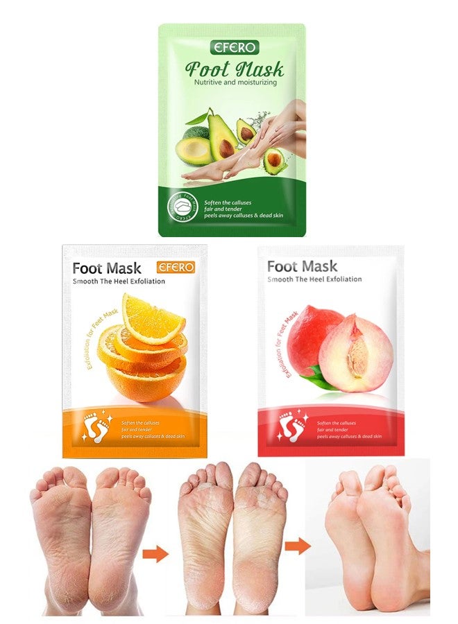 efero 3 Pieces Foot Peeling and Exfoliating Mask, Dead Skin Removing Sock - Avocado, Orange, Peach - Image 1