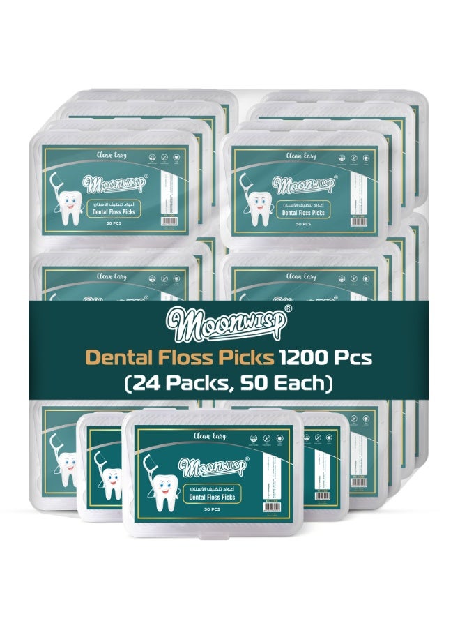 Moonwisp Dental Floss Picks - 1200 Pcs (24 Packs, 50 Each) - Dental Floss Toothpicks for Teeth Cleaning, Easy Grip Flosser for Fresh Breath - Image 1