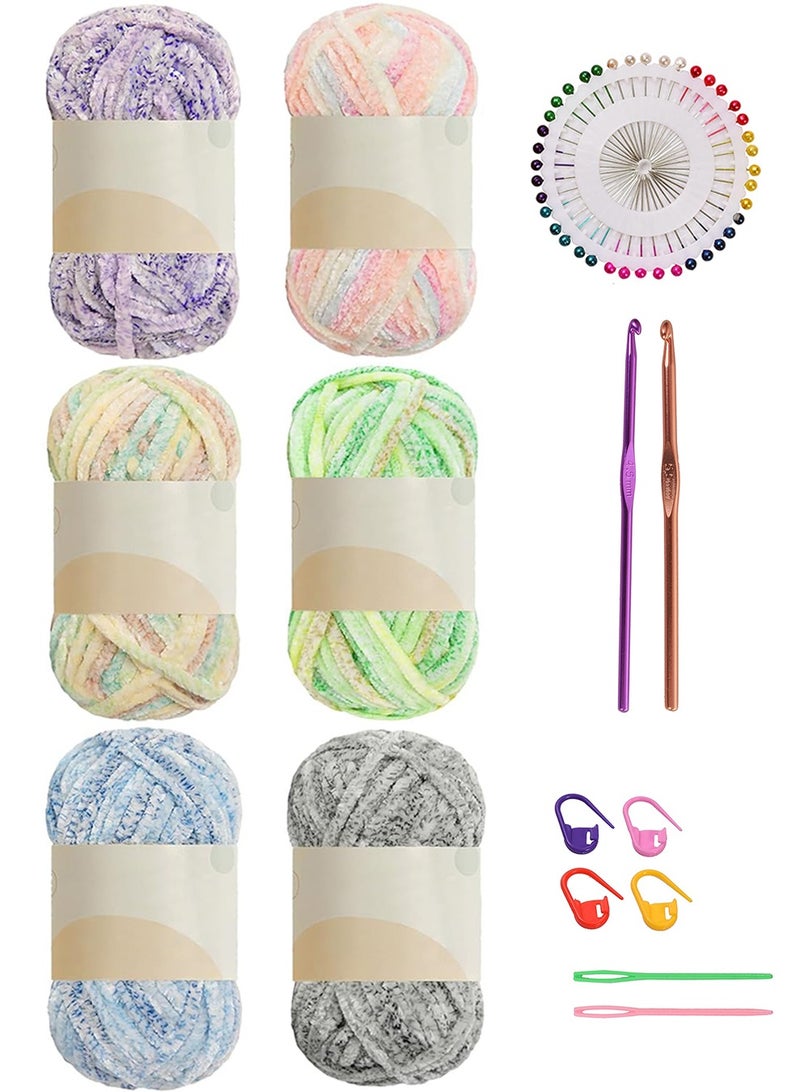 سونسر 6 قطع من خيوط الشنيل الناعمة السميكة للكروشيه، خيوط ناعمة ودافئة للأطفال للحيكة والكروشيه، بطانية DIY Craft Amigurumi Pack مع إكسسوارات الكروشيه A - Image 1