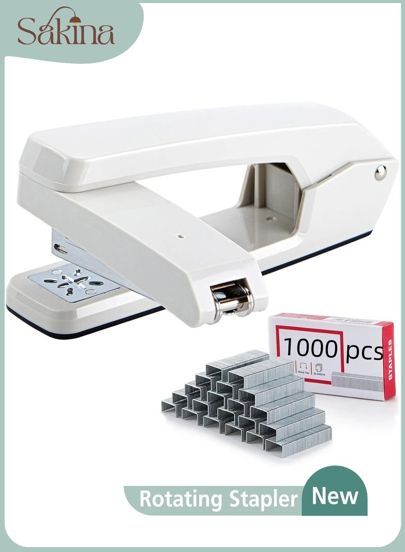 سكينة دباسة ذات ذراع طويلة تدور 360 درجة، سعة 25 ورقة، تجليد متعدد الزوايا، تتضمن 1000 دبوس، للمكتب/المنزل/المدرسة، (أبيض) - Image 1