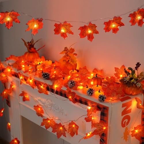 YEGUO 2 Packs Thanksgiving Decorations for Home, Fall Lights Battery Operated, Total 20ft 40 LED Lighted Fall Garland Maple Leaves for Holiday Autumn Harvest Fall Thanksgiving Halloween Decor - Image 1