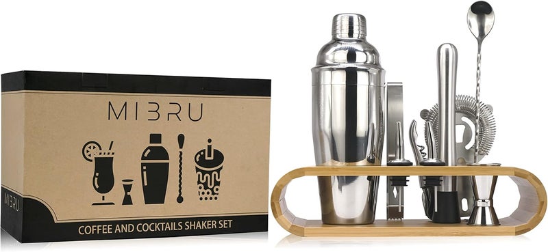 MIBRU Stainless Steel Cocktail Shaker Set with Wooden Base - Image 4