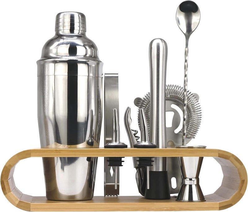 MIBRU Stainless Steel Cocktail Shaker Set with Wooden Base - Image 1