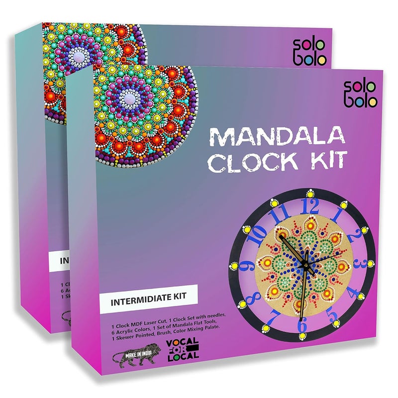 SOLOBOLO Dot Mandala Painting Kit | Craft Kit for Girls 9-12 |Dot Mandala Art Kit on Wall Clock |Gifts for Girls Age 10-12 | MDF Cutouts for Art and Craft 12 Inch Wall Clock | Pack of 2 Sets - Image 1