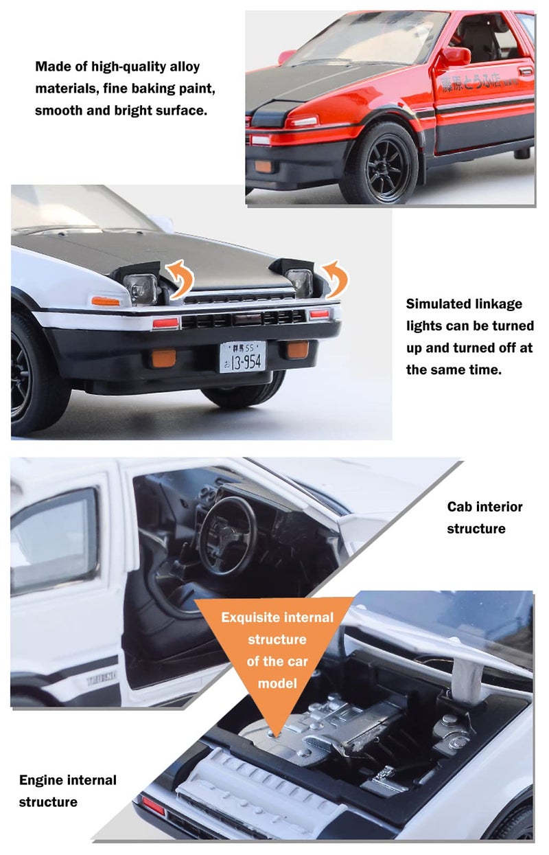 Tianmei 1:32 Initial D Trueno AE86 Alloy Diecast Car Model Toys, Kids Pull Back Metal Vehicle Toys and Adult Collection Ornaments (Black Hood AE86-White) - Image 4