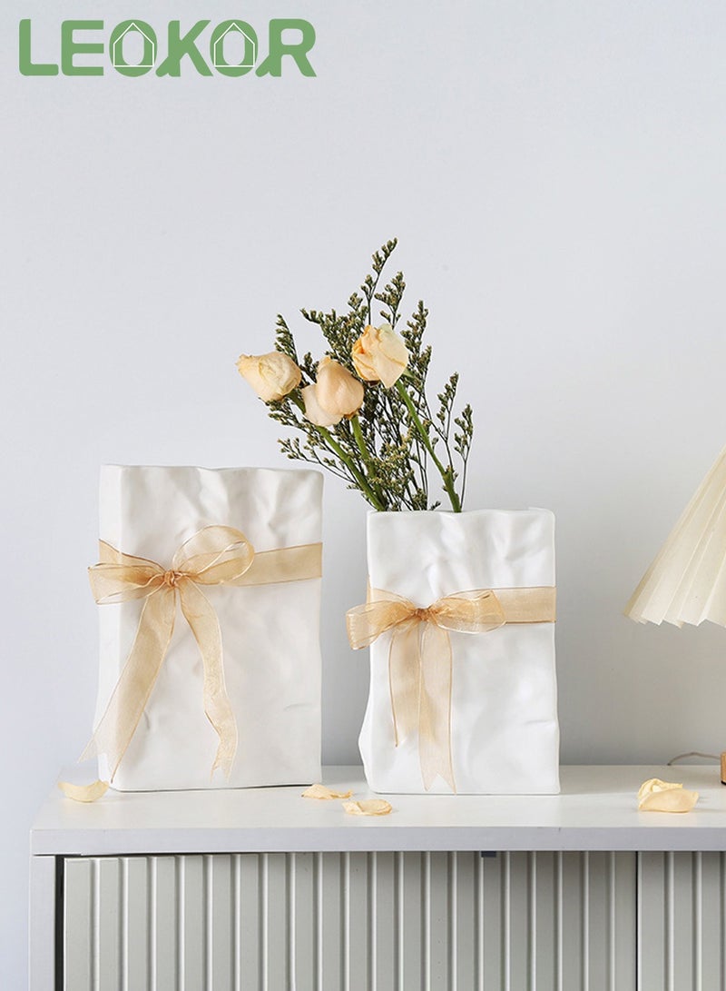 LEOKOR White Crinkle Paper Bag Ceramic Vase, Unique Square Wide Mouth Pleated Vases, Minimalist Boho Vase for Flower Arrangement Table Centerpiece Home Office Bookshelf Decor  - Image 1