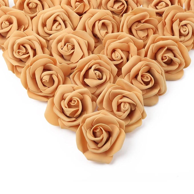 Artificial Rose Flower Heads 100 Pcs Real Looking Gold Yellow Foam Fake Roses for DIY Wedding Baby Shower Centerpieces Arrangements Party Tables Home Decorations Gold Yellow Stemless