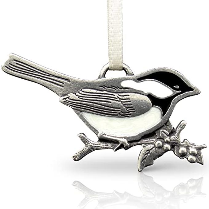 Danforth Chickadee Christmas Bird Ornament  Handcrafted Pewter Bird Ornaments for Christmas Tree  2" Wide, Made in USA - Image 1