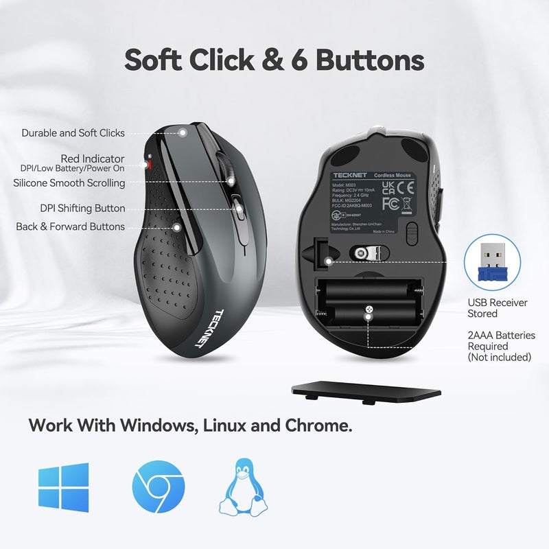 TECKNET Wireless Mouse Silent 4800 DPI Computer USB A & Bluetooth Mouse 6 Buttons, Wide Compatibility - Dark Grey - Image 5